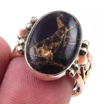 Natural Black Copper Turquoise 925 Sterling Silver Jewelry TwoTone Ring S.8 F9O05