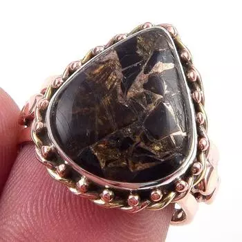 Natural Black Copper Turquoise 925 Sterling Silver Jewelry TwoTone Ring S.7 v5C47