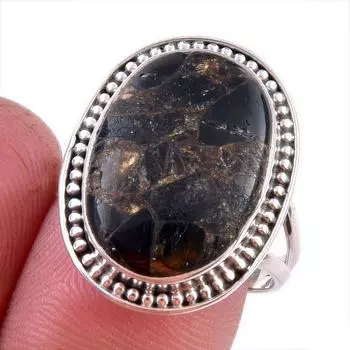 Natural Black Copper Turquoise Gemstone 925 Solid Sterling Silver Ring S.8 p4A92