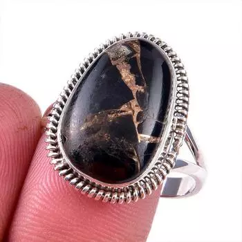 Natural Black Copper Turquoise Gemstone 925 Solid Sterling Silver Ring S.10 Z6d27