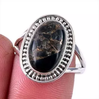 Natural Black Copper Turquoise Gemstone 925 Solid Sterling Silver Ring S.8 L6z63