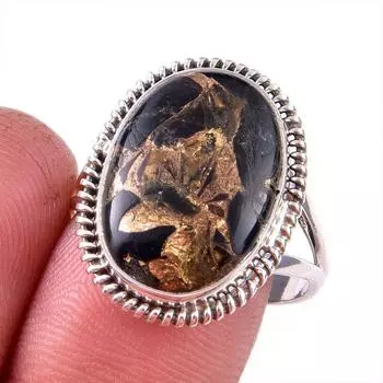 Natural Black Copper Turquoise Gemstone 925 Solid Sterling Silver Ring S.9 S7t27