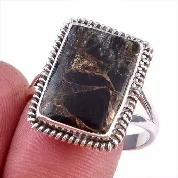Natural Black Copper Turquoise Gemstone 925 Solid Sterling Silver Ring S.10 H7Y08
