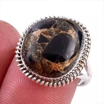 Natural Black Copper Turquoise Gemstone 925 Solid Sterling Silver Ring S.8 W7w17
