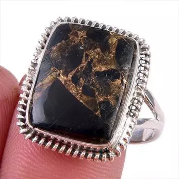 Natural Black Copper Turquoise Gemstone 925 Solid Sterling Silver Ring S.10 a9J19