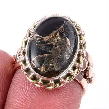 Natural Black Copper Turquoise Gemstone 925 Solid Silver TwoTone Ring 6.5US P4a68