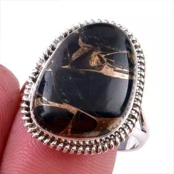 Natural Black Copper Turquoise Gemstone 925 Solid Sterling Silver Ring S.10 Q0J48