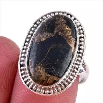 Natural Black Copper Turquoise Gemstone 925 Solid Sterling Silver Ring S.7 P2C09