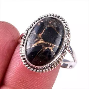 Natural Black Copper Turquoise Gemstone 925 Solid Sterling Silver Ring S.10 l0P91