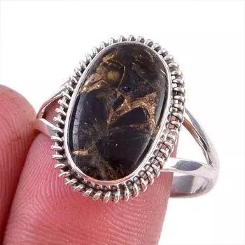 Natural Black Copper Turquoise Gemstone 925 Solid Sterling Silver Ring S.10 z7B66