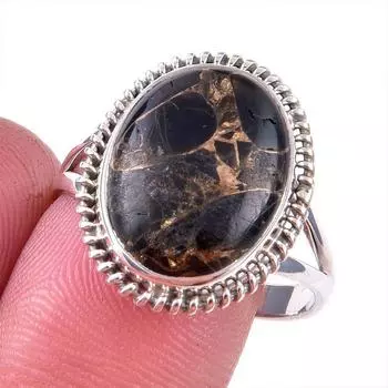 Natural Black Copper Turquoise Gemstone 925 Solid Sterling Silver Ring S.10 m9M23