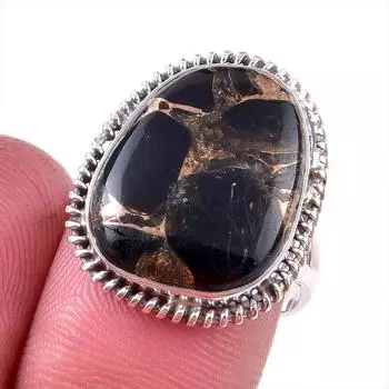 Natural Black Copper Turquoise Gemstone 925 Solid Sterling Silver Ring S.7 B1b36