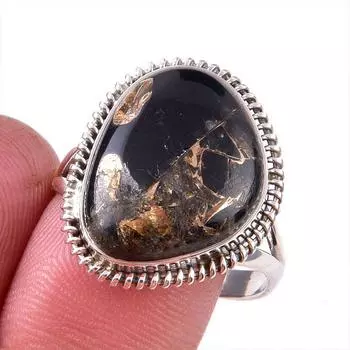 Natural Black Copper Turquoise Gemstone 925 Solid Sterling Silver Ring S.10 J5M34