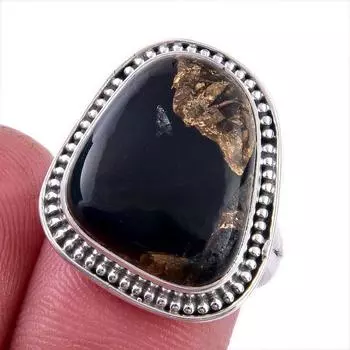 Natural Black Copper Turquoise Gemstone 925 Solid Sterling Silver Ring S.7 V6h38