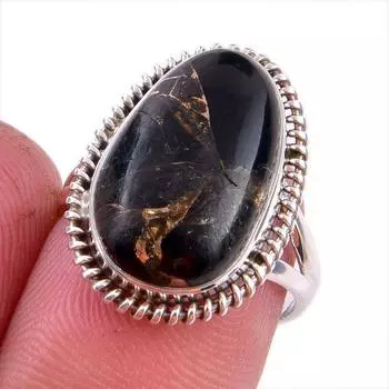 Natural Black Copper Turquoise Gemstone 925 Solid Sterling Silver Ring S.6 L4p43