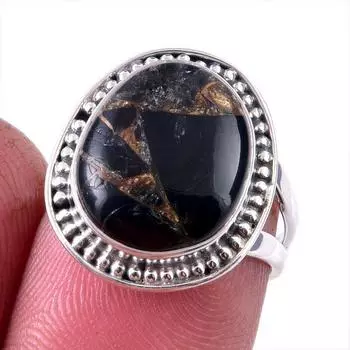 Natural Black Copper Turquoise Gemstone 925 Solid Sterling Silver Ring S.6 N5u81