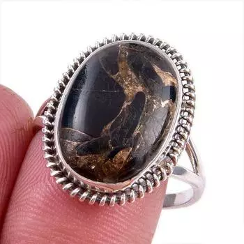 Natural Black Copper Turquoise Gemstone 925 Solid Sterling Silver Ring S.10 w7r05