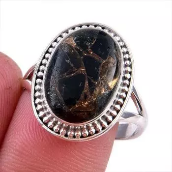Natural Black Copper Turquoise Gemstone 925 Solid Sterling Silver Ring S.9 I7L52