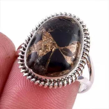 Natural Black Copper Turquoise Gemstone 925 Solid Sterling Silver Ring S.8 b8H73