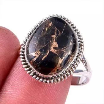 Natural Black Copper Turquoise Gemstone 925 Solid Sterling Silver Ring S.10 E1W96