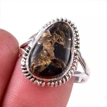 Natural Black Copper Turquoise Gemstone 925 Solid Sterling Silver Ring S.9 k8V27