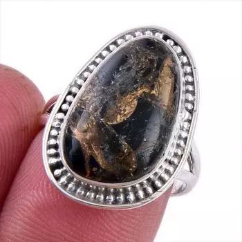 Natural Black Copper Turquoise Gemstone 925 Solid Sterling Silver Ring S.7 F4F25