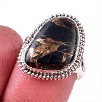 Natural Black Copper Turquoise Gemstone 925 Solid Sterling Silver Ring S.7 R7t69