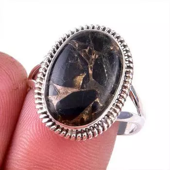 Natural Black Copper Turquoise Gemstone 925 Solid Sterling Silver Ring S.9 F2B24
