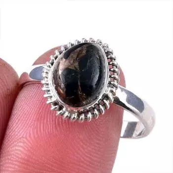 Natural Black Copper Turquoise Gemstone 925 Solid Sterling Silver Ring S.10 F3M14