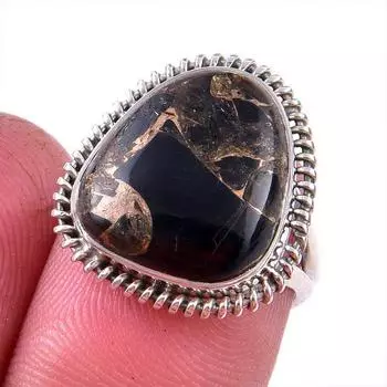 Natural Black Copper Turquoise Gemstone 925 Solid Sterling Silver Ring S.6 e3N52
