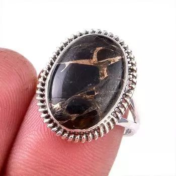 Natural Black Copper Turquoise Gemstone 925 Solid Sterling Silver Ring S.7 F4a14