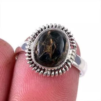 Natural Black Copper Turquoise Gemstone 925 Solid Sterling Silver Ring S.6 p4A89