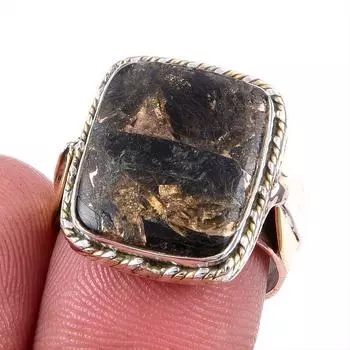 Natural Black Copper Turquoise Gemstone 925 Solid Silver TwoTone Ring 7.5US p0v62