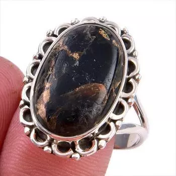 Natural Black Copper Turquoise Gemstone 925 Solid Sterling Silver Ring S.10 P7r42