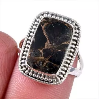 Natural Black Copper Turquoise Gemstone 925 Solid Sterling Silver Ring S.7 a9A96