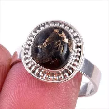 Natural Black Copper Turquoise Gemstone 925 Solid Sterling Silver Ring S.9 J3D91