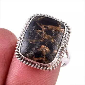 Natural Black Copper Turquoise Gemstone 925 Solid Sterling Silver Ring S.8 c5C50