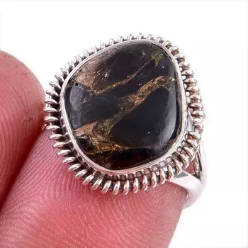 Natural Black Copper Turquoise Gemstone 925 Solid Sterling Silver Ring S.6 R9u94