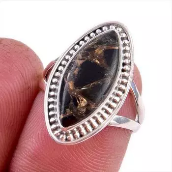 Natural Black Copper Turquoise Gemstone 925 Solid Sterling Silver Ring S.6 v6T56