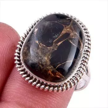 Natural Black Copper Turquoise Gemstone 925 Solid Sterling Silver Ring S.8 D6K37