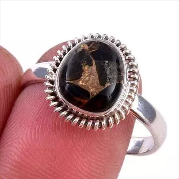 Natural Black Copper Turquoise Gemstone 925 Solid Sterling Silver Ring S.10 l9G10