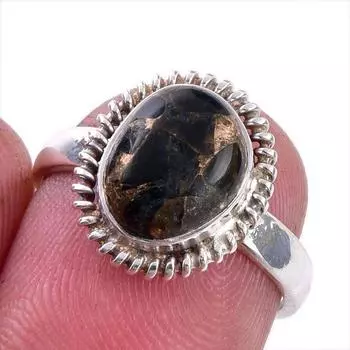 Natural Black Copper Turquoise Gemstone 925 Solid Sterling Silver Ring S.6 H1E40