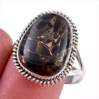 Natural Black Copper Turquoise Gemstone 925 Solid Sterling Silver Ring S.10 Q1Y45