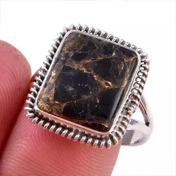 Natural Black Copper Turquoise Gemstone 925 Solid Sterling Silver Ring S.8 D4u94