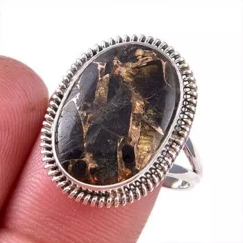 Natural Black Copper Turquoise Gemstone 925 Solid Sterling Silver Ring S.10 e5Y60