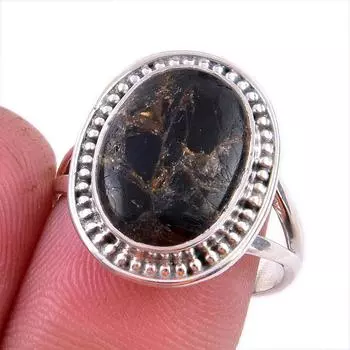 Natural Black Copper Turquoise Gemstone 925 Solid Sterling Silver Ring S.8 t8b01