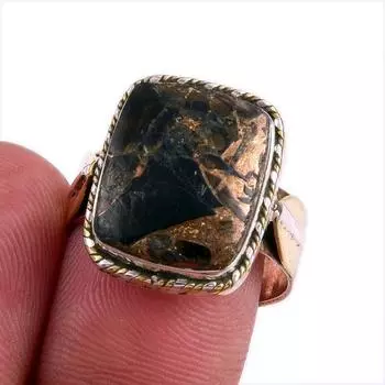 Natural Black Copper Turquoise TwoTone 925 Sterling Silver Jewelry Ring S.8 a5S21