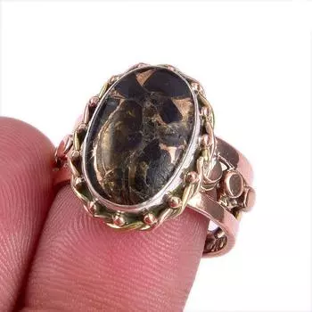 Natural Black Copper Turquoise TwoTone 925 Sterling Silver Jewelry Ring S.8 H3P85