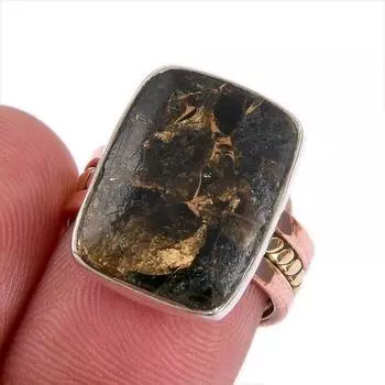 Natural Black Copper Turquoise TwoTone 925 Sterling Silver Jewelry Ring S.6 B2N73