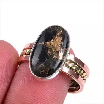 Natural Black Copper Turquoise TwoTone 925 Sterling Silver Jewelry Ring S.9 U5H90